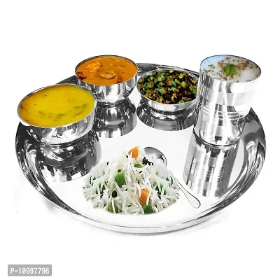Omkar Enterprises High-Grade Stainless Steel Dinner Lunch Thali Bhojan Set of 6 Pieces (Silver, Dinner Plate, Halwa Plate, 2 Katori Bowl, Glass, Spoon)-thumb2