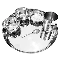 Omkar Enterprises High-Grade Stainless Steel Dinner Lunch Thali Bhojan Set of 6 Pieces (Silver, Dinner Plate, Halwa Plate, 2 Katori Bowl, Glass, Spoon)-thumb3