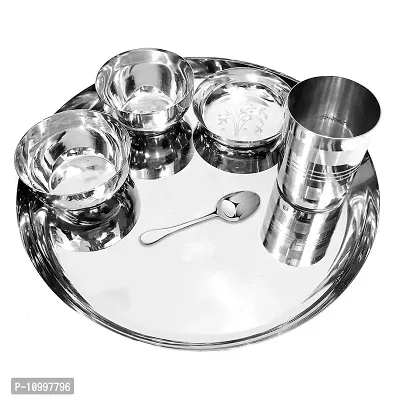 Omkar Enterprises High-Grade Stainless Steel Dinner Lunch Thali Bhojan Set of 6 Pieces (Silver, Dinner Plate, Halwa Plate, 2 Katori Bowl, Glass, Spoon)-thumb4