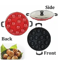 Silvester? 12 Cavity Non-Stick Aliminium Appam Patra 22 cm, Paniyarakal with 2 Side Handle and Stainless Steel Lid, Red-thumb4