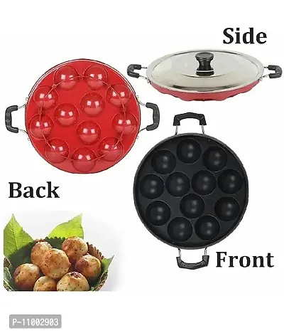 Silvester? 12 Cavity Non-Stick Aliminium Appam Patra 22 cm, Paniyarakal with 2 Side Handle and Stainless Steel Lid, Red-thumb5