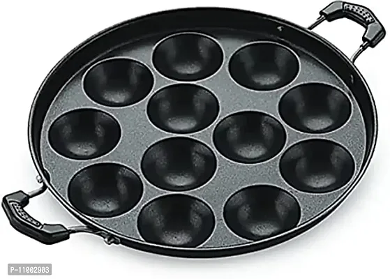 Silvester? 12 Cavity Non-Stick Aliminium Appam Patra 22 cm, Paniyarakal with 2 Side Handle and Stainless Steel Lid, Red-thumb0