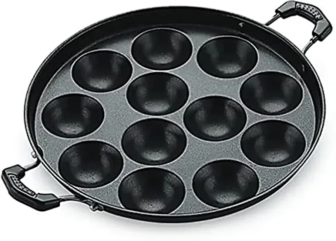 Silvester? 12 Cavity Non-Stick Aliminium Appam Patra 22 cm, Paniyarakal with 2 Side Handle and Stainless Steel Lid, Red