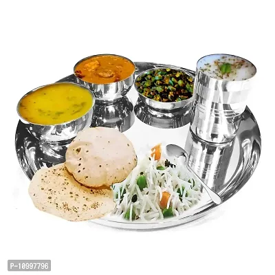 Omkar Enterprises High-Grade Stainless Steel Dinner Lunch Thali Bhojan Set of 6 Pieces (Silver, Dinner Plate, Halwa Plate, 2 Katori Bowl, Glass, Spoon)-thumb0