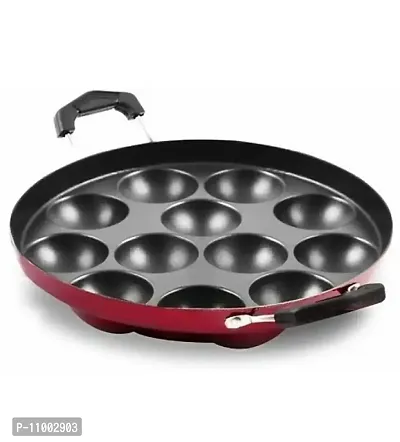 Silvester? 12 Cavity Non-Stick Aliminium Appam Patra 22 cm, Paniyarakal with 2 Side Handle and Stainless Steel Lid, Red-thumb4