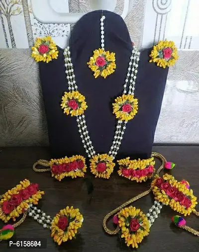 yellow jewellery set with Maangtika and Hathpool  for women and girl