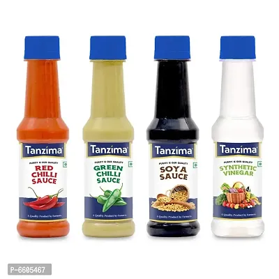 Red Chilli Sauce, Green Chilli Sauce, SOYA Sauce and Synthetic Vinegar, Combo Pack of 4 (200g Each)