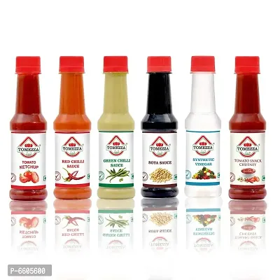 Tomato Ketchup, Red Chilli Sauce, Green Chilli Sauce, SOYA Sauce, Synthetic Vinegar and Tomato Snack Chutney Combo Offer Pack of 6 (200g Each)-thumb0