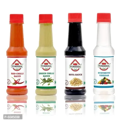 Red Chilli Sauce, Green Chilli Sauce, SOYA Sauce, Synthetic Vinegar - Combo Pack of 4 (200g Each)