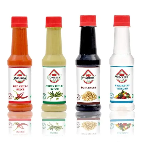 Red Chilli Sauce, Green Chilli Sauce, Soya Sauce And Synthetic Vinegar, Combo Pack Of 4 200Gm