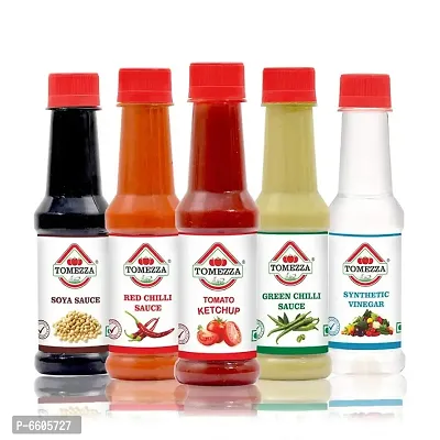 Tomato Ketchup, Red and Green Chilli Sauce, Soya Sauce and Vinegar, Combo Pack of 5 (200g Each)