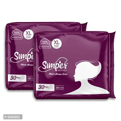 Simper Maxi Sanitary Pads 280 mm, XL size For Women Dry Cover With Wings, Pack of 2 (2 X 30 Pads)