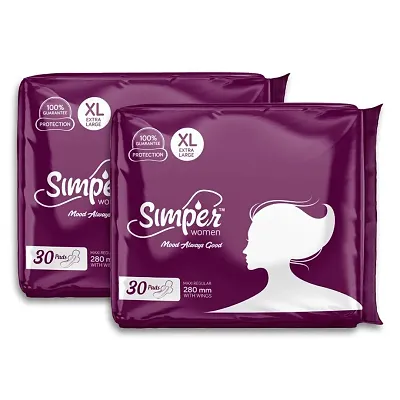 Simper Maxi Sanitary Pads 280 mm, XL size For Women Dry Cover With Wings, Pack of 2 (2 X 30 Pads)