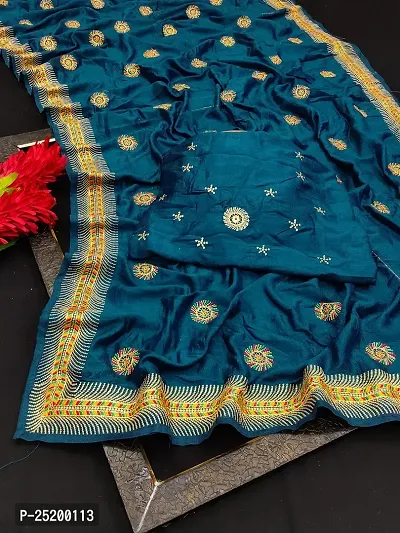 WET CLOTHING Women Woven Silk Blend Embroidered Ethnic Wear 5.5m Saree with Unstitched Blouse (Light-Blue)-thumb0