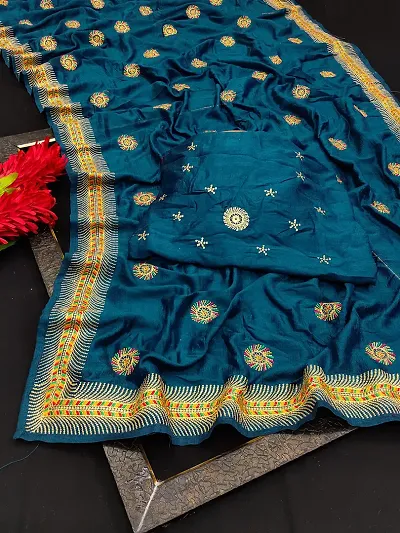 WET CLOTHING Women Woven Silk Blend Embroidered Ethnic Wear 5.5m Saree with Unstitched Blouse (Light-Blue)