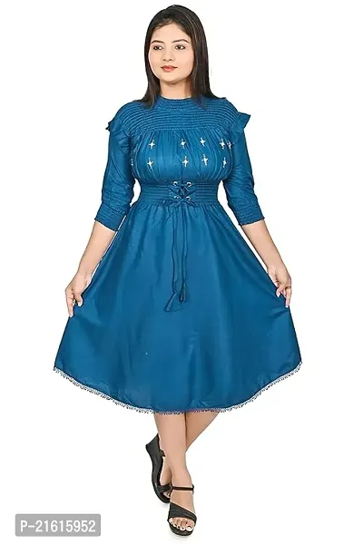 Stylish Blue Rayon Self Design Fit And Flare Dress For Women-thumb0