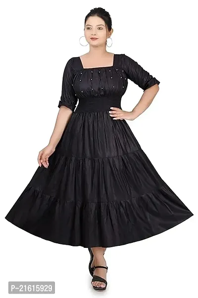 Stylish Black Rayon Self Design Fit And Flare Dress For Women
