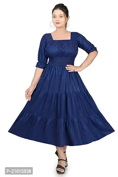 Stylish Blue Rayon Self Design Fit And Flare Dress For Women