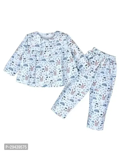 CERABI Full Sleeve Regular Fit Pure Cotton Casual OWL Print Night Suit for Kids Girls-thumb0