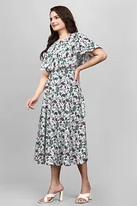 ZELZIS Women Crepe Floral Printed Green  White Flared Dress, Round Neck  Flared Short Sleeve-thumb1