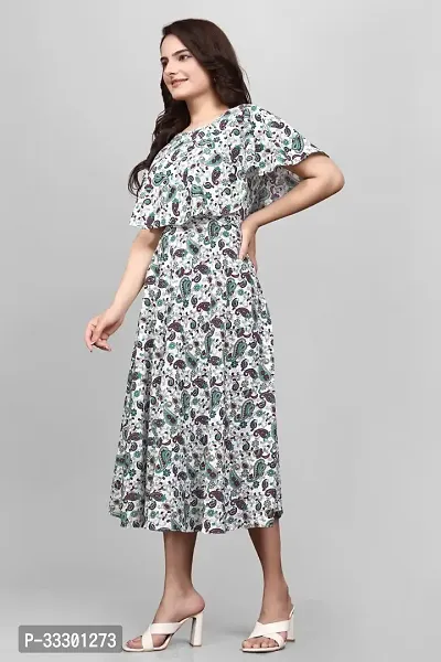 ZELZIS Women Crepe Floral Printed Green  White Flared Dress, Round Neck  Flared Short Sleeve-thumb2