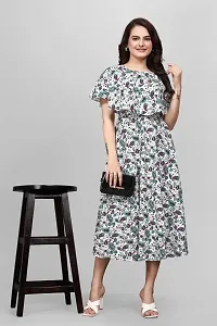 ZELZIS Women Crepe Floral Printed Green  White Flared Dress, Round Neck  Flared Short Sleeve-thumb3