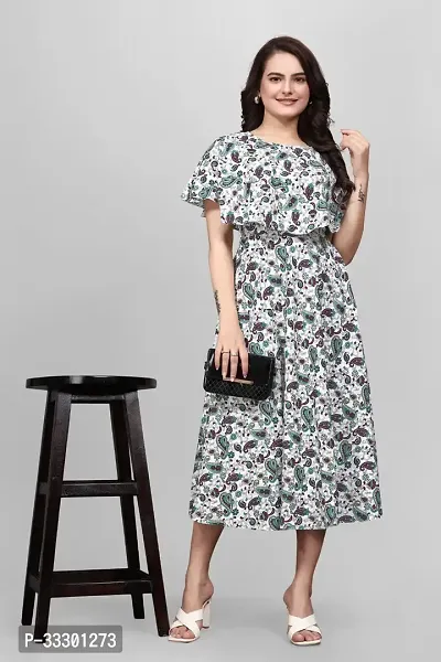 ZELZIS Women Crepe Floral Printed Green  White Flared Dress, Round Neck  Flared Short Sleeve-thumb4