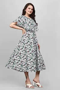 ZELZIS Women Crepe Floral Printed Green  White Flared Dress, Round Neck  Flared Short Sleeve-thumb2