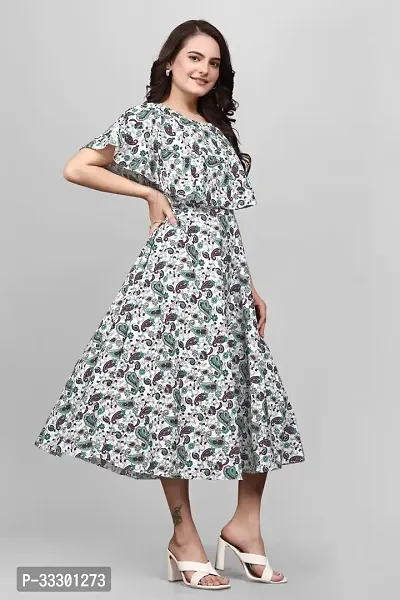 ZELZIS Women Crepe Floral Printed Green  White Flared Dress, Round Neck  Flared Short Sleeve-thumb3