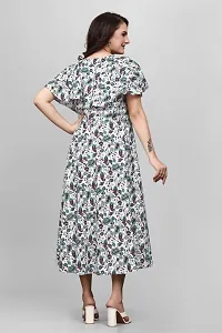 ZELZIS Women Crepe Floral Printed Green  White Flared Dress, Round Neck  Flared Short Sleeve-thumb4