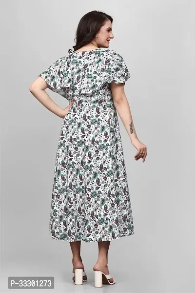 ZELZIS Women Crepe Floral Printed Green  White Flared Dress, Round Neck  Flared Short Sleeve-thumb5