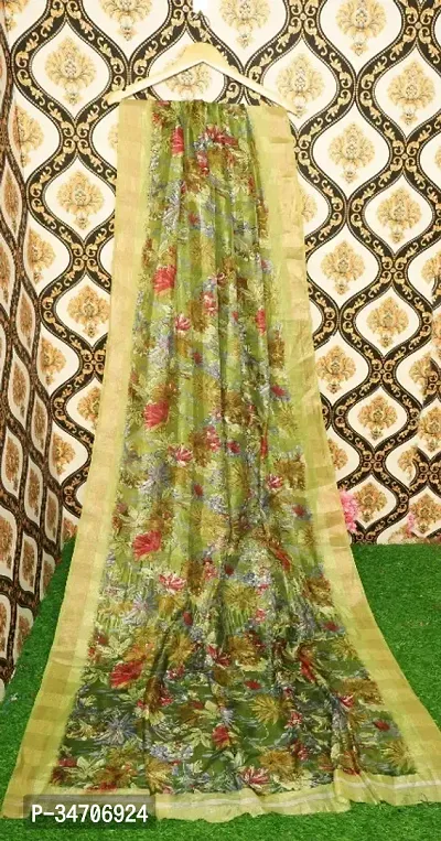 Elegant Green Linen Printed Saree With Blouse Piece For Women-thumb0