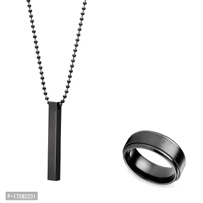 Soni Jewellery Combo Of Black Titanium Finger Ring With Cuboid Rectangle Neck Pendant For Boys And Men (Pack Of 2) d-9