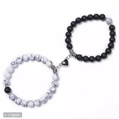 Soni Jewellery Fashion Jewellery Combo of 2 Adjustable (Free Size) Stylish Unisex White and Black Beads Magnetic Heart Shape Couple Bracelet For Women and Men-thumb0