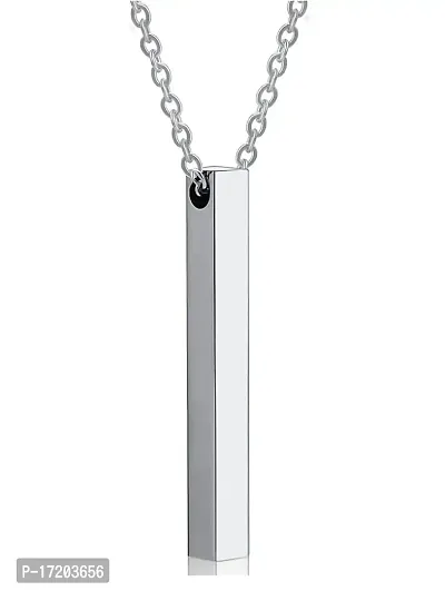 Soni Jewellery Unisex Silver Color Fancy  Stylish Metal 3D Cuboid Vertical Bar Stick Custom Name Locket Pendant Necklace With Clavicle Chain Jewellery Set-thumb0
