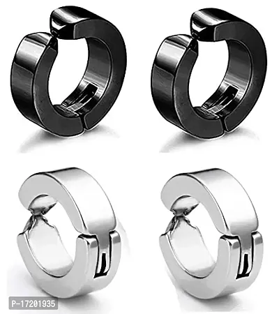 Soni Jewellery Trendy Black And Silver Round Shaped Press Non-Piercing Style Clip On Metal Barbell Earring Hoop Bali Stud For Men And Women