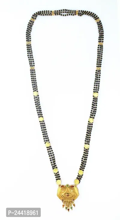 Traditional Ethnic One Gram Gold Plated 26 Inch Long Black Beads Latest Stylish Designer Pendant Golden Mangalsutra for Women-thumb3