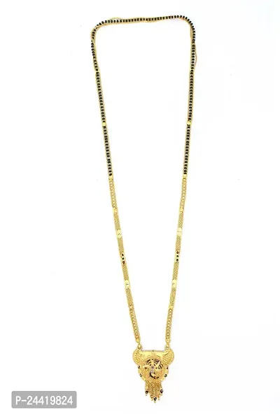 Traditional Ethnic One Gram Gold Plated 28 Inch Long Black Beads Latest Stylish Designer Pendant Golden Mangalsutra for Women-thumb3
