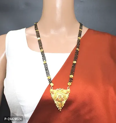 Traditional Ethnic One Gram Gold Plated 26 Inch Long Black Beads Latest Stylish Designer Pendant Golden Mangalsutra for Women-thumb0