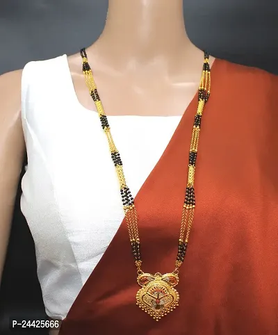 Traditional Ethnic One Gram Gold Plated 30 Inch Long Black Beads Latest Stylish Designer Pendant Golden Mangalsutra for Women-thumb0