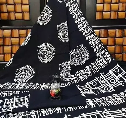 Elegant Black Cotton Saree with Blouse piece For Women-thumb0