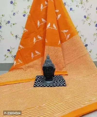 Elegant Orange Cotton Saree with Blouse piece For Women-thumb0