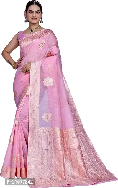 Elegant Pink Linen Saree with Blouse piece-thumb0