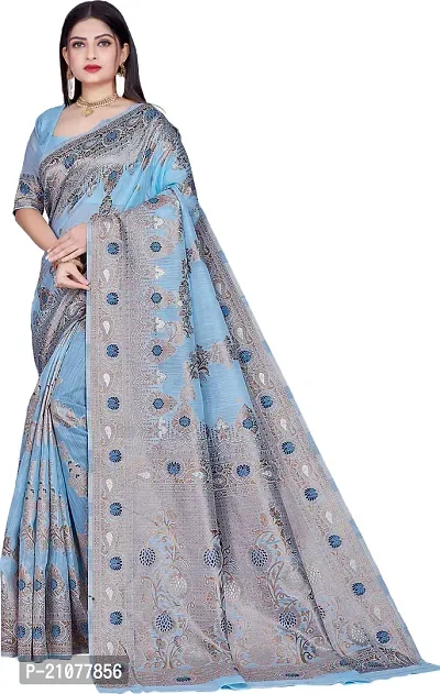 Elegant Blue Linen Saree with Blouse piece-thumb0