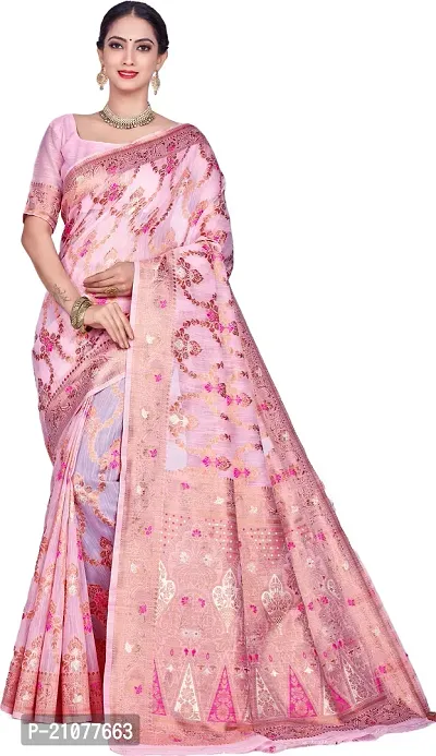 Elegant Pink Linen Saree with Blouse piece-thumb0