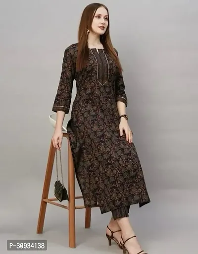 Stylish Black Cotton Printed Kurta With Pant Set For Women-thumb0