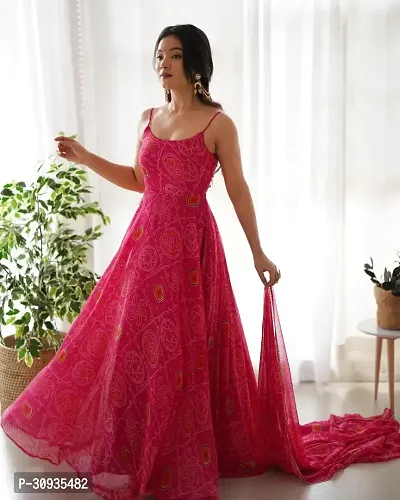 Stylish Pink Georgette Printed Stitched Gown With Dupatta For Women-thumb0