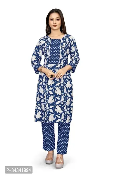 Stylish Blue Cotton Printed Kurta Bottom Set For Women-thumb0