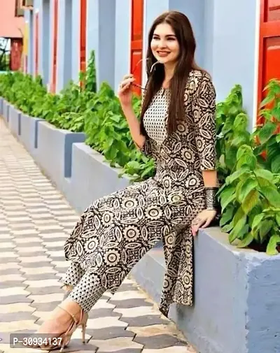 Stylish Black Cotton Printed Kurta With Pant Set For Women-thumb0