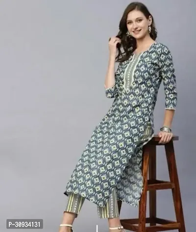 Stylish Blue Cotton Printed Kurta With Pant Set For Women-thumb0